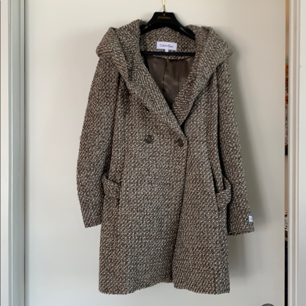 Calvin Klein city tweed belted coat with hood - Picture 4 of 8